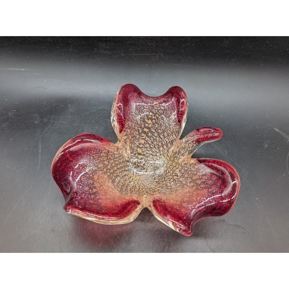 Murano Cranberry Red Gold Aventurine Art Glass Tri-Corner Folded Bowl MCM 7"